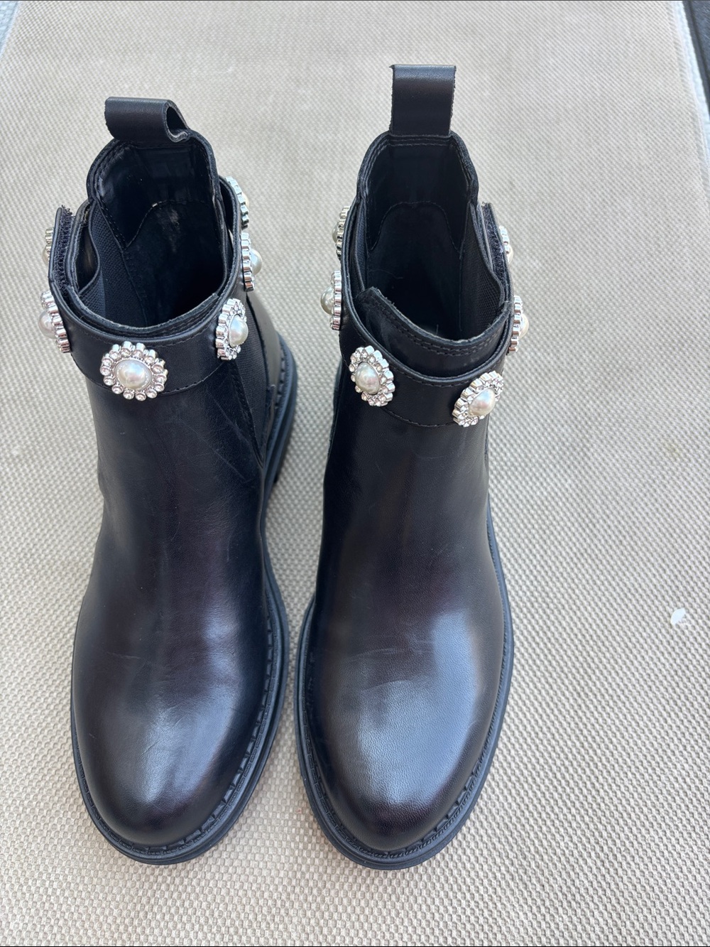 Copper Key Black Leather Ankle Boots with Pearl Medallions